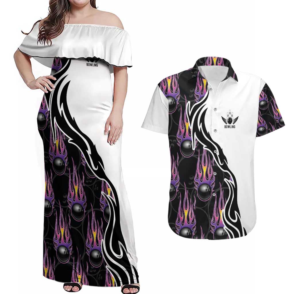 Custom Bowling Team Graphic Couples Matching Off Shoulder Maxi Dress and Hawaiian Shirt with Flaming Ball Design in Black White and Purple Flame Pattern - Wonder Print Shop