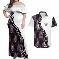 Custom Bowling Team Graphic Couples Matching Off Shoulder Maxi Dress and Hawaiian Shirt with Flaming Ball Design in Black White and Purple Flame Pattern - Wonder Print Shop