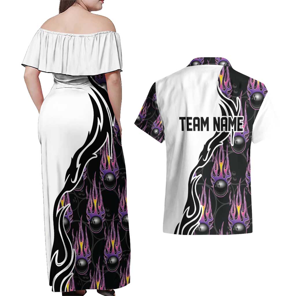 Custom Bowling Team Graphic Couples Matching Off Shoulder Maxi Dress and Hawaiian Shirt with Flaming Ball Design in Black White and Purple Flame Pattern - Wonder Print Shop