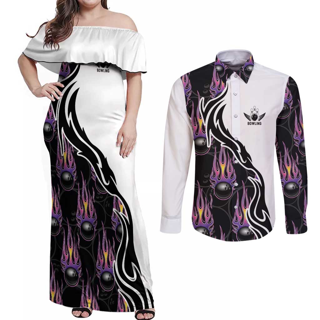 Custom Bowling Team Graphic Couples Matching Off Shoulder Maxi Dress and Long Sleeve Button Shirt with Flaming Ball Design in Black White and Purple Flame Pattern - Wonder Print Shop