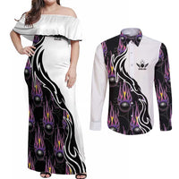 Custom Bowling Team Graphic Couples Matching Off Shoulder Maxi Dress and Long Sleeve Button Shirt with Flaming Ball Design in Black White and Purple Flame Pattern - Wonder Print Shop