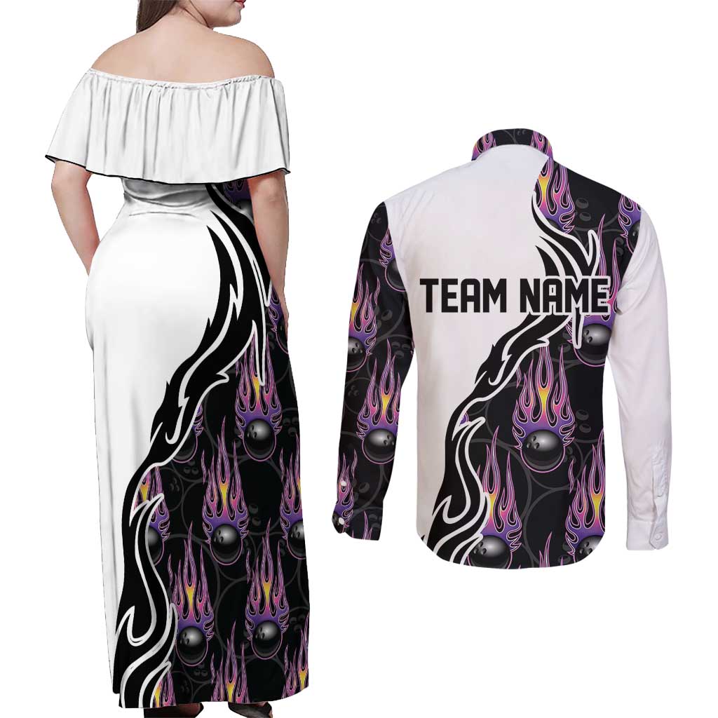 Custom Bowling Team Graphic Couples Matching Off Shoulder Maxi Dress and Long Sleeve Button Shirt with Flaming Ball Design in Black White and Purple Flame Pattern - Wonder Print Shop