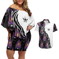Custom Bowling Team Graphic Couples Matching Off Shoulder Short Dress and Hawaiian Shirt with Flaming Ball Design in Black White and Purple Flame Pattern - Wonder Print Shop