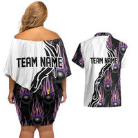 Custom Bowling Team Graphic Couples Matching Off Shoulder Short Dress and Hawaiian Shirt with Flaming Ball Design in Black White and Purple Flame Pattern - Wonder Print Shop