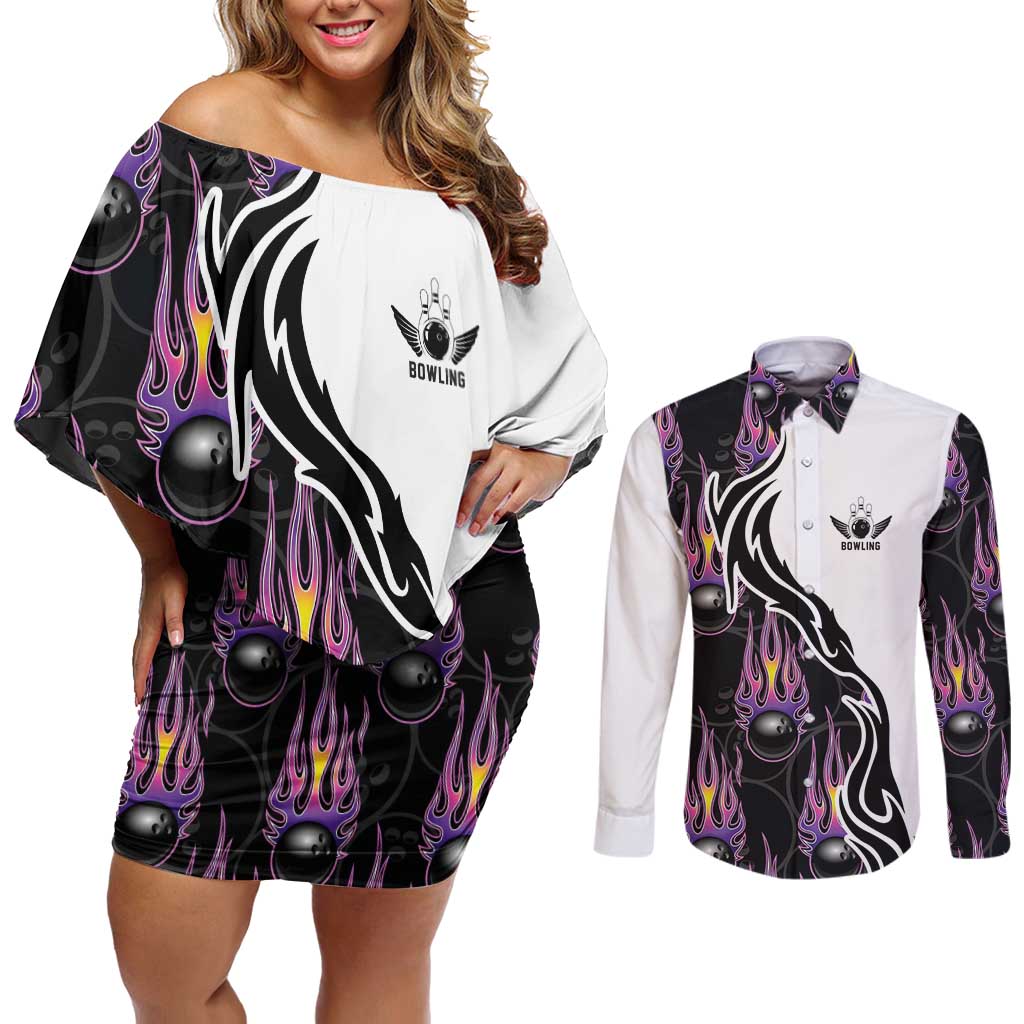Custom Bowling Team Graphic Couples Matching Off Shoulder Short Dress and Long Sleeve Button Shirt with Flaming Ball Design in Black White and Purple Flame Pattern - Wonder Print Shop