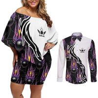 Custom Bowling Team Graphic Couples Matching Off Shoulder Short Dress and Long Sleeve Button Shirt with Flaming Ball Design in Black White and Purple Flame Pattern - Wonder Print Shop