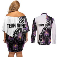 Custom Bowling Team Graphic Couples Matching Off Shoulder Short Dress and Long Sleeve Button Shirt with Flaming Ball Design in Black White and Purple Flame Pattern - Wonder Print Shop