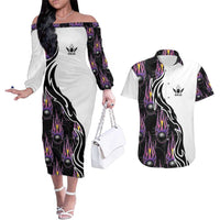 Custom Bowling Team Graphic Couples Matching Off The Shoulder Long Sleeve Dress and Hawaiian Shirt with Flaming Ball Design in Black White and Purple Flame Pattern - Wonder Print Shop