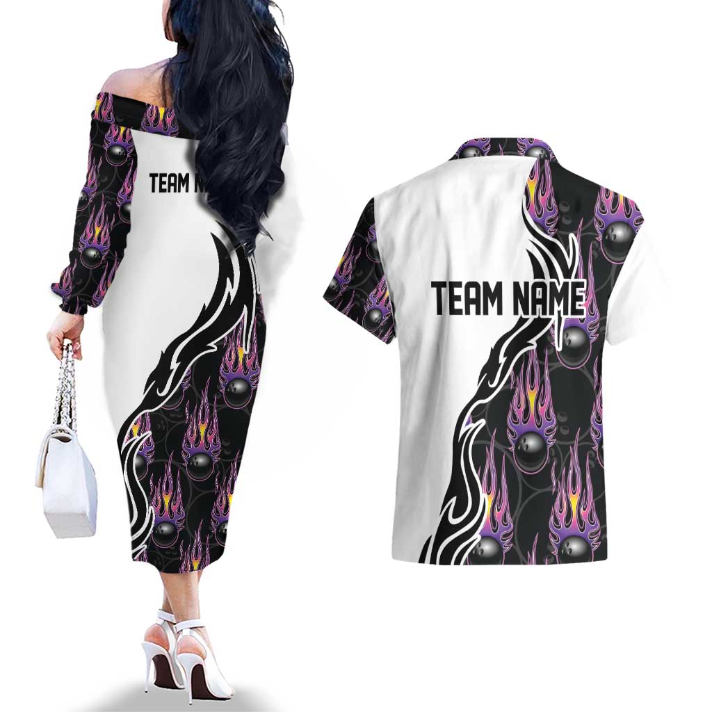 Custom Bowling Team Graphic Couples Matching Off The Shoulder Long Sleeve Dress and Hawaiian Shirt with Flaming Ball Design in Black White and Purple Flame Pattern - Wonder Print Shop