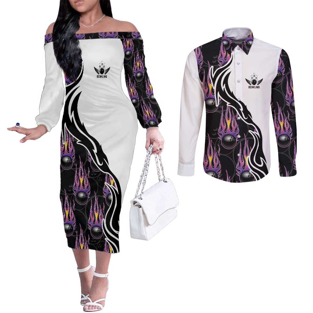 Custom Bowling Team Graphic Couples Matching Off The Shoulder Long Sleeve Dress and Long Sleeve Button Shirt with Flaming Ball Design in Black White and Purple Flame Pattern - Wonder Print Shop