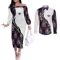 Custom Bowling Team Graphic Couples Matching Off The Shoulder Long Sleeve Dress and Long Sleeve Button Shirt with Flaming Ball Design in Black White and Purple Flame Pattern - Wonder Print Shop