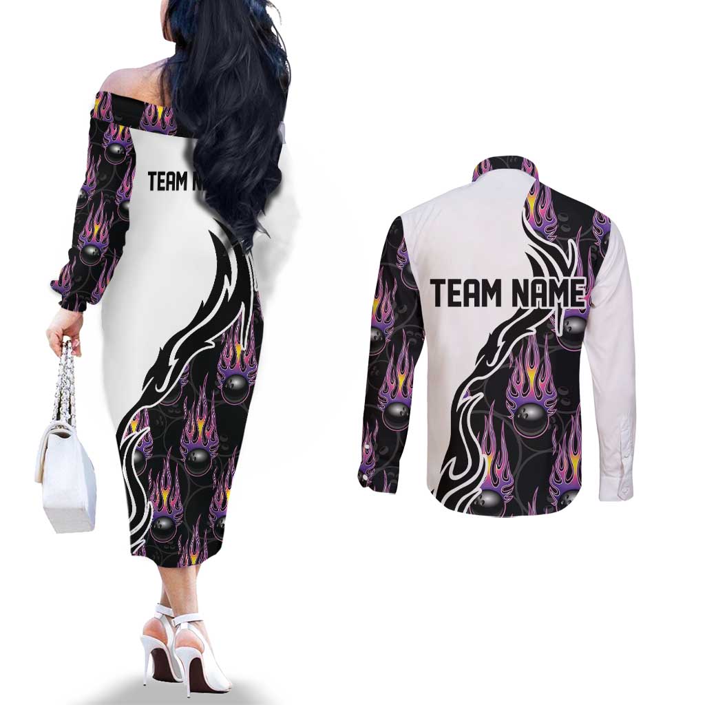 Custom Bowling Team Graphic Couples Matching Off The Shoulder Long Sleeve Dress and Long Sleeve Button Shirt with Flaming Ball Design in Black White and Purple Flame Pattern - Wonder Print Shop