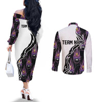 Custom Bowling Team Graphic Couples Matching Off The Shoulder Long Sleeve Dress and Long Sleeve Button Shirt with Flaming Ball Design in Black White and Purple Flame Pattern - Wonder Print Shop