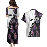 Custom Bowling Team Graphic Couples Matching Puletasi and Hawaiian Shirt with Flaming Ball Design in Black White and Purple Flame Pattern - Wonder Print Shop