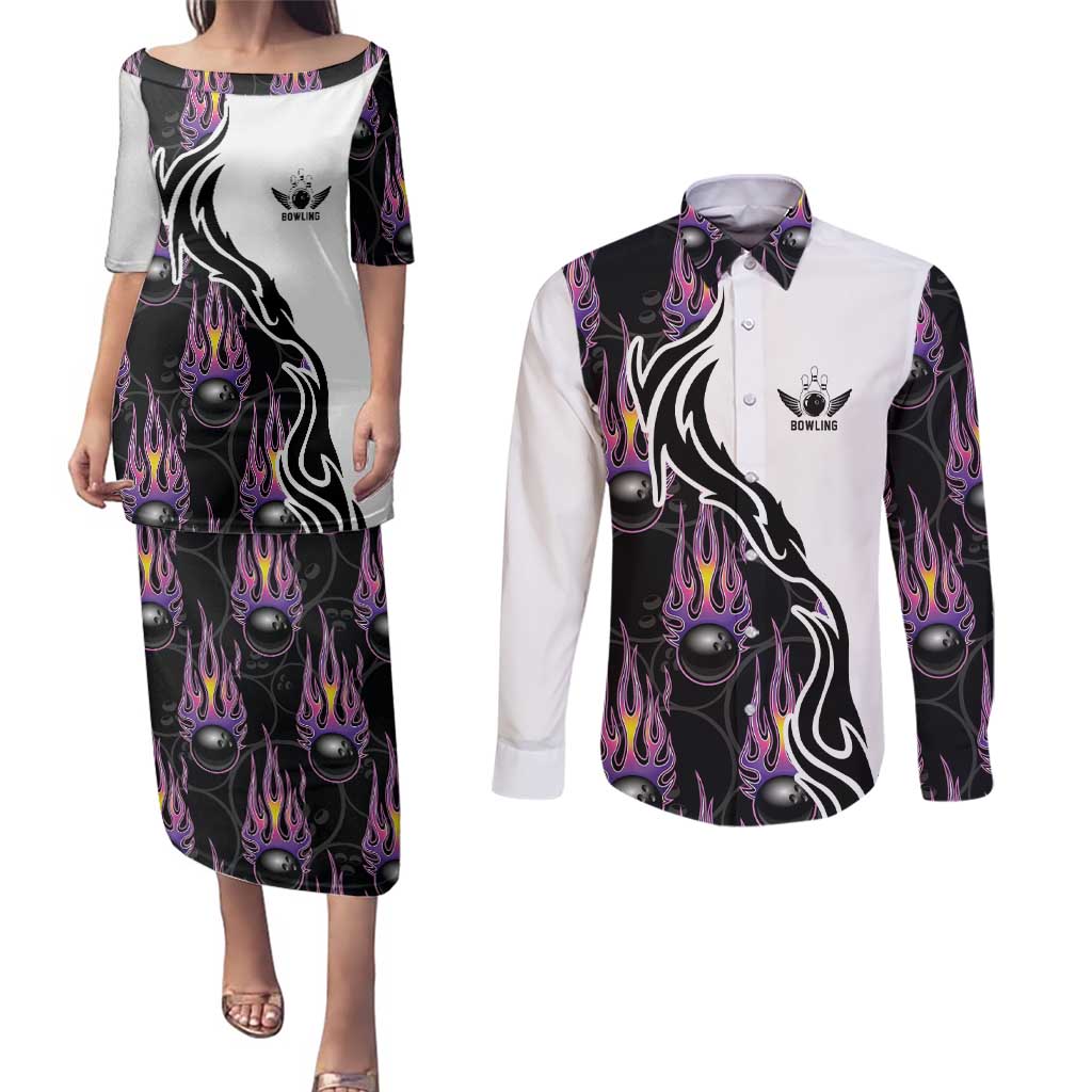 Custom Bowling Team Graphic Couples Matching Puletasi and Long Sleeve Button Shirt with Flaming Ball Design in Black White and Purple Flame Pattern - Wonder Print Shop