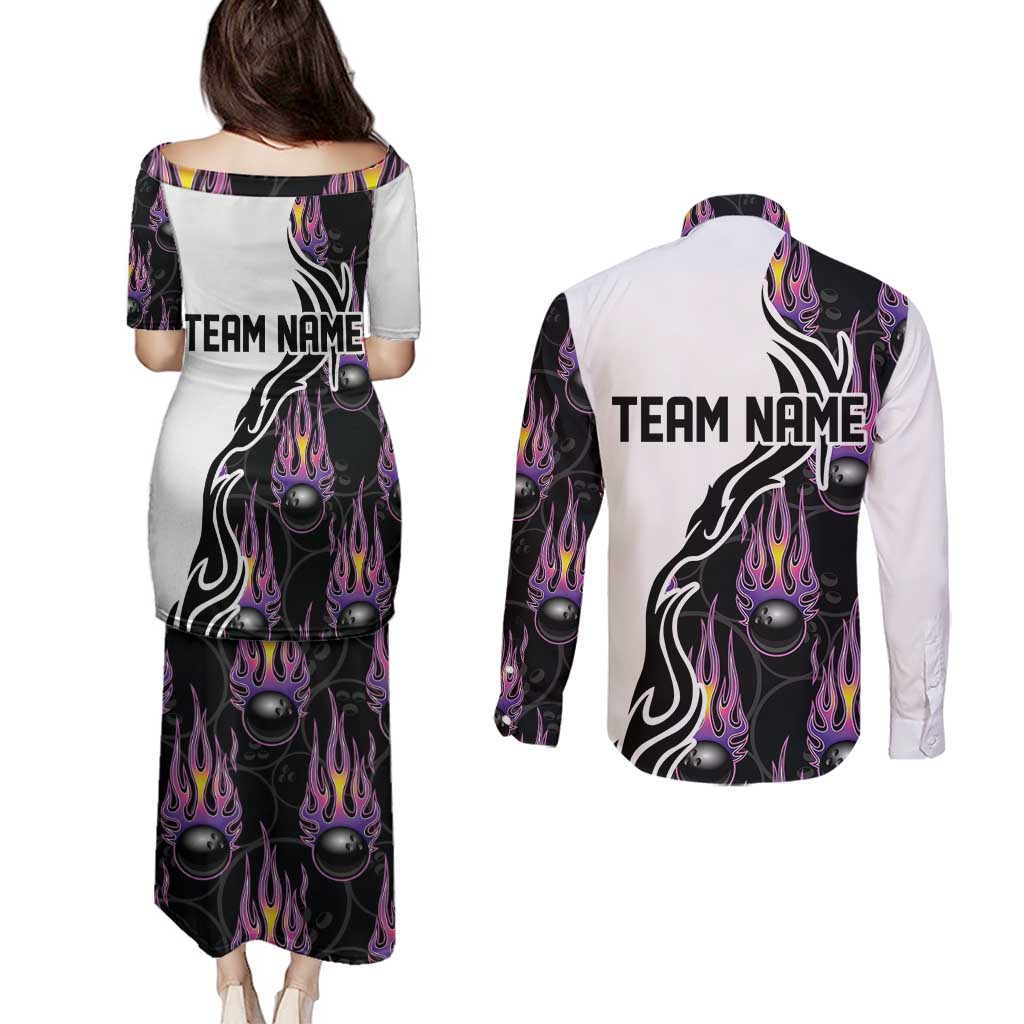 Custom Bowling Team Graphic Couples Matching Puletasi and Long Sleeve Button Shirt with Flaming Ball Design in Black White and Purple Flame Pattern - Wonder Print Shop