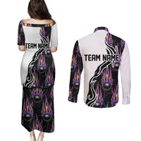 Custom Bowling Team Graphic Couples Matching Puletasi and Long Sleeve Button Shirt with Flaming Ball Design in Black White and Purple Flame Pattern - Wonder Print Shop