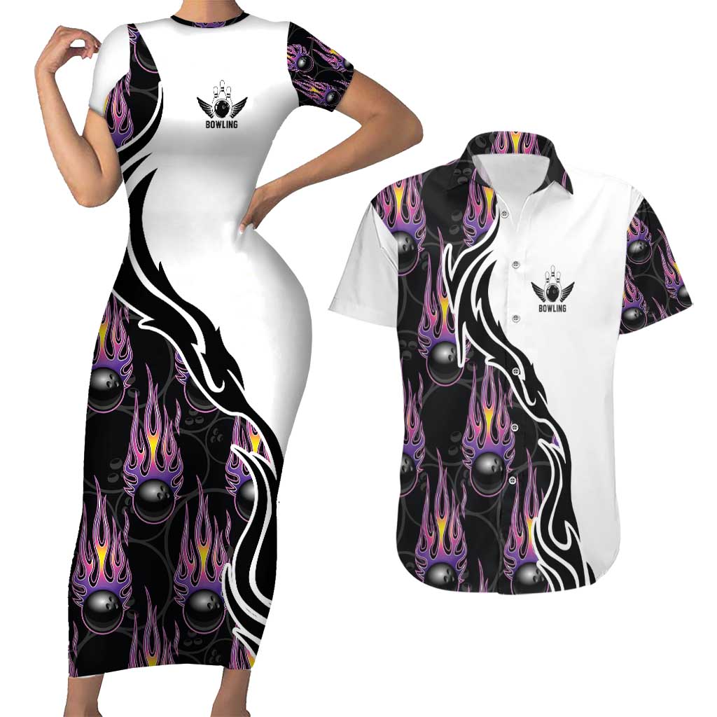 Custom Bowling Team Graphic Couples Matching Short Sleeve Bodycon Dress and Hawaiian Shirt with Flaming Ball Design in Black White and Purple Flame Pattern - Wonder Print Shop