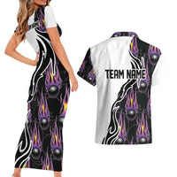 Custom Bowling Team Graphic Couples Matching Short Sleeve Bodycon Dress and Hawaiian Shirt with Flaming Ball Design in Black White and Purple Flame Pattern - Wonder Print Shop