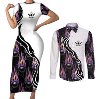 Custom Bowling Team Graphic Couples Matching Short Sleeve Bodycon Dress and Long Sleeve Button Shirt with Flaming Ball Design in Black White and Purple Flame Pattern - Wonder Print Shop