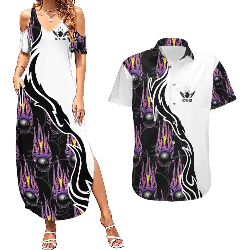 Custom Bowling Team Graphic Couples Matching Summer Maxi Dress and Hawaiian Shirt with Flaming Ball Design in Black White and Purple Flame Pattern - Wonder Print Shop