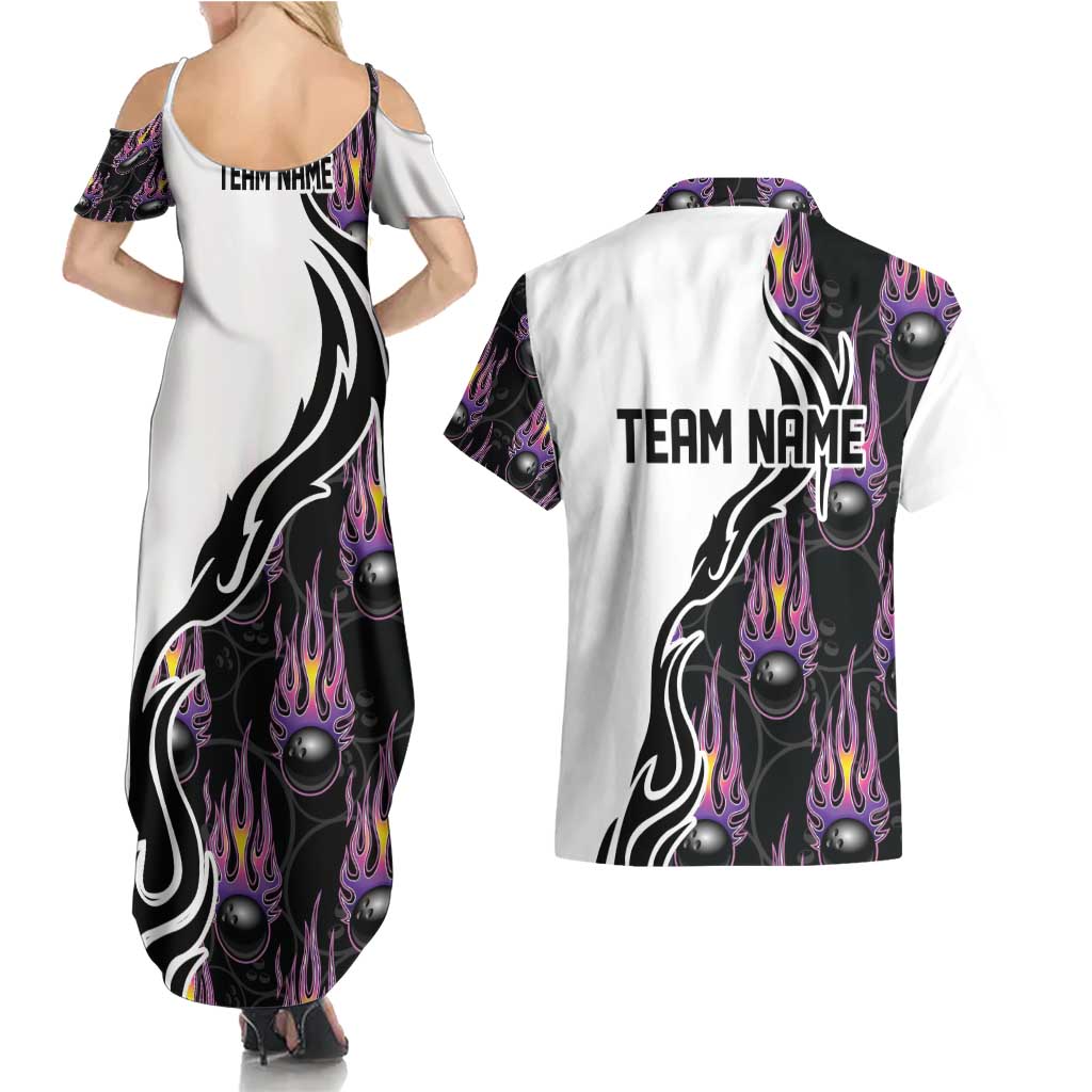 Custom Bowling Team Graphic Couples Matching Summer Maxi Dress and Hawaiian Shirt with Flaming Ball Design in Black White and Purple Flame Pattern - Wonder Print Shop