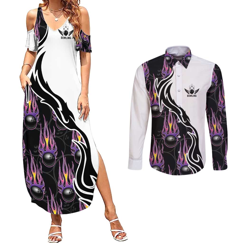 Custom Bowling Team Graphic Couples Matching Summer Maxi Dress and Long Sleeve Button Shirt with Flaming Ball Design in Black White and Purple Flame Pattern - Wonder Print Shop