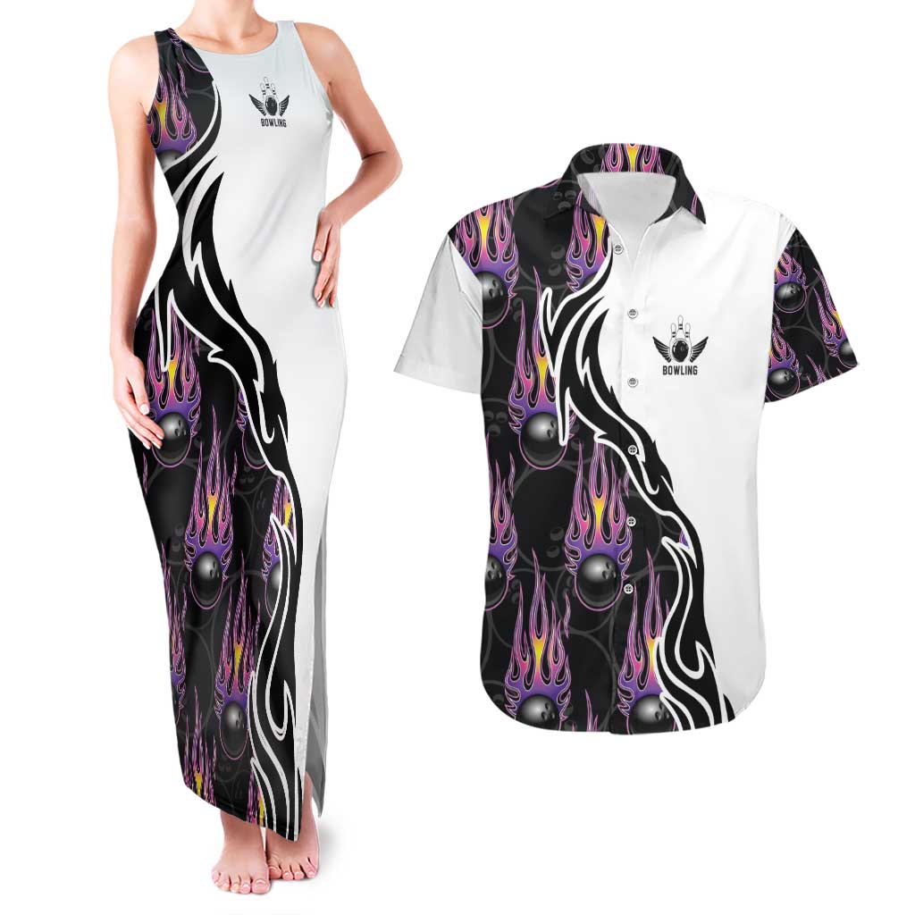 Custom Bowling Team Graphic Couples Matching Tank Maxi Dress and Hawaiian Shirt with Flaming Ball Design in Black White and Purple Flame Pattern - Wonder Print Shop