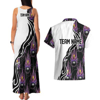 Custom Bowling Team Graphic Couples Matching Tank Maxi Dress and Hawaiian Shirt with Flaming Ball Design in Black White and Purple Flame Pattern - Wonder Print Shop