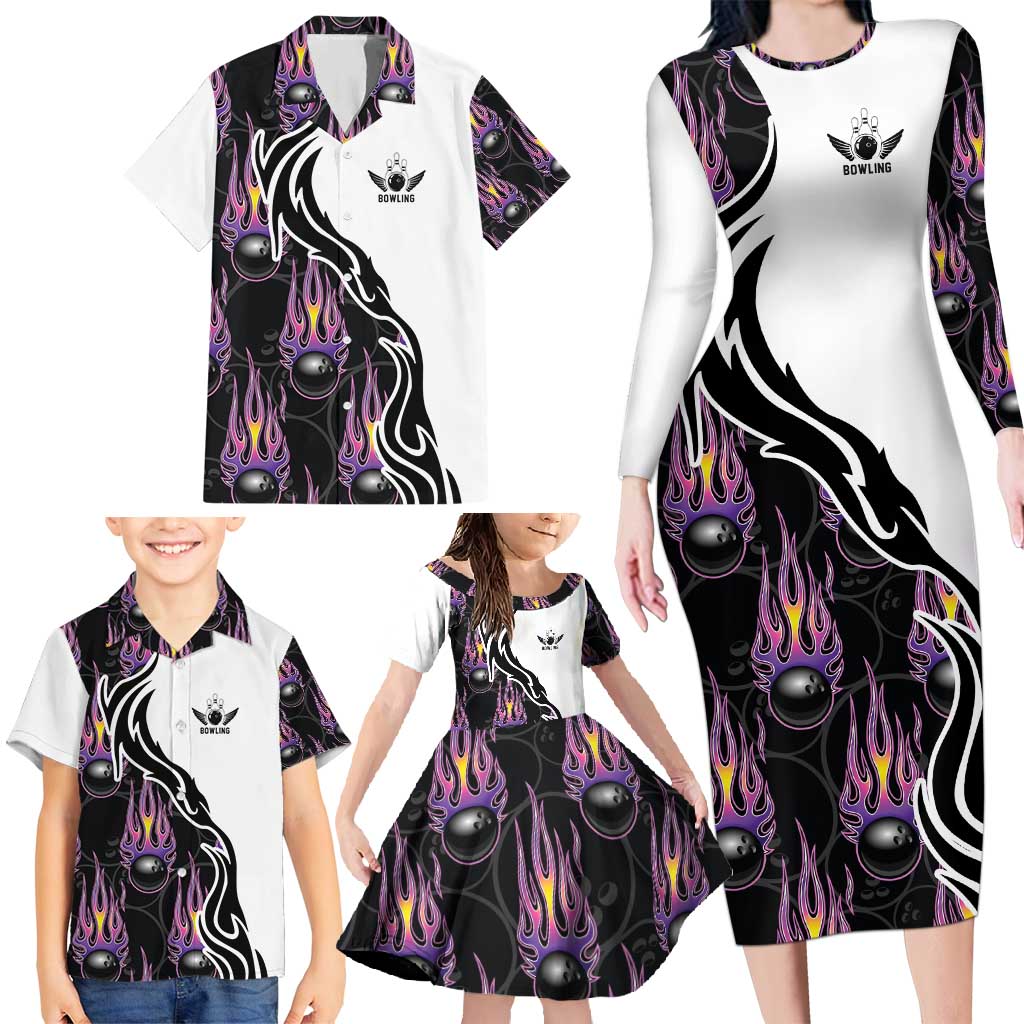 Custom Bowling Team Graphic Family Matching Long Sleeve Bodycon Dress and Hawaiian Shirt with Flaming Ball Design in Black White and Purple Flame Pattern - Wonder Print Shop