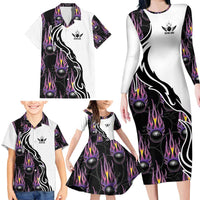 Custom Bowling Team Graphic Family Matching Long Sleeve Bodycon Dress and Hawaiian Shirt with Flaming Ball Design in Black White and Purple Flame Pattern - Wonder Print Shop