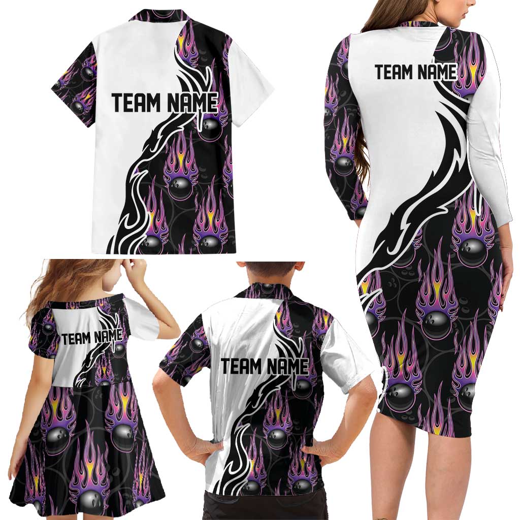 Custom Bowling Team Graphic Family Matching Long Sleeve Bodycon Dress and Hawaiian Shirt with Flaming Ball Design in Black White and Purple Flame Pattern - Wonder Print Shop