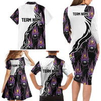 Custom Bowling Team Graphic Family Matching Long Sleeve Bodycon Dress and Hawaiian Shirt with Flaming Ball Design in Black White and Purple Flame Pattern - Wonder Print Shop