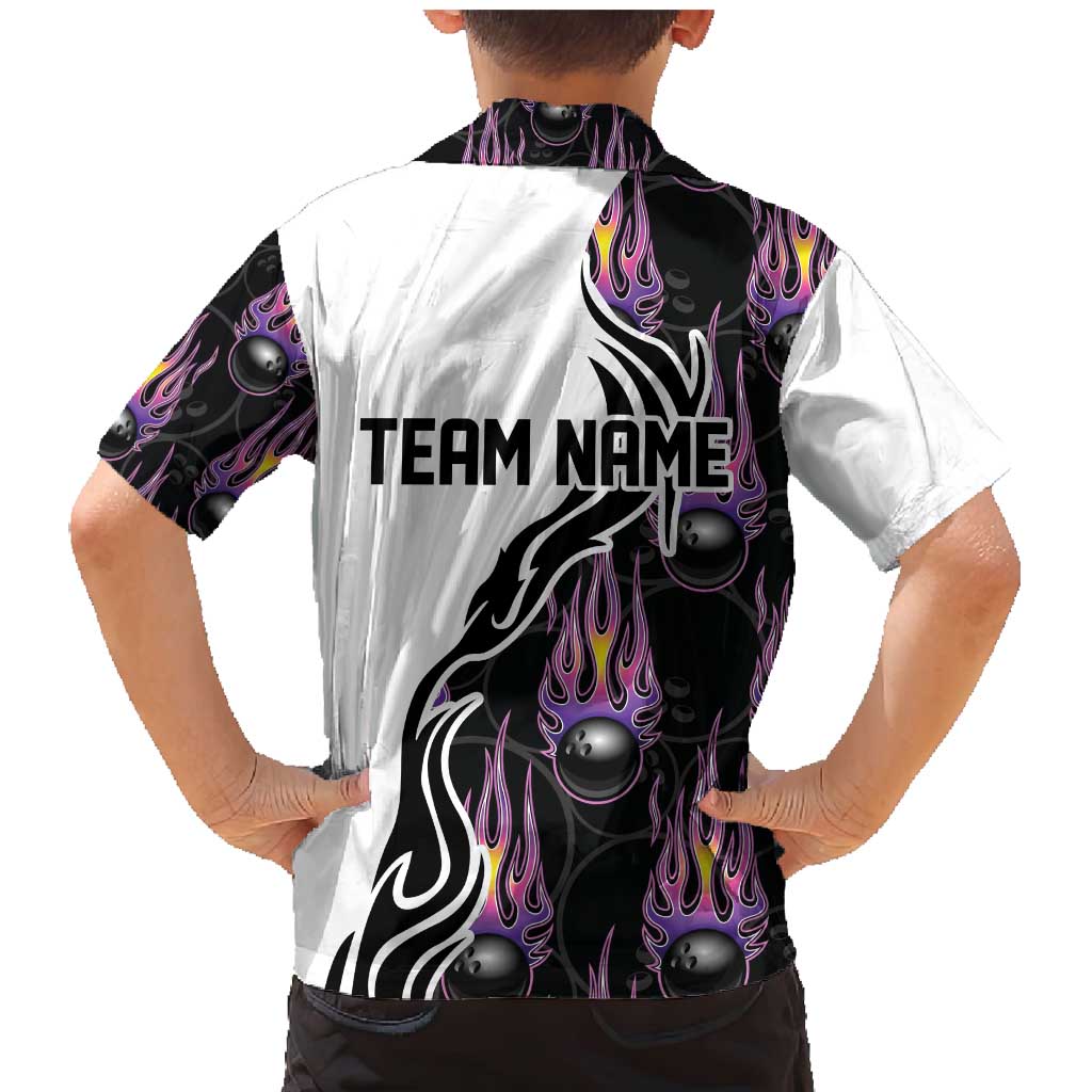 Custom Bowling Team Graphic Family Matching Mermaid Dress and Hawaiian Shirt with Flaming Ball Design in Black White and Purple Flame Pattern - Wonder Print Shop