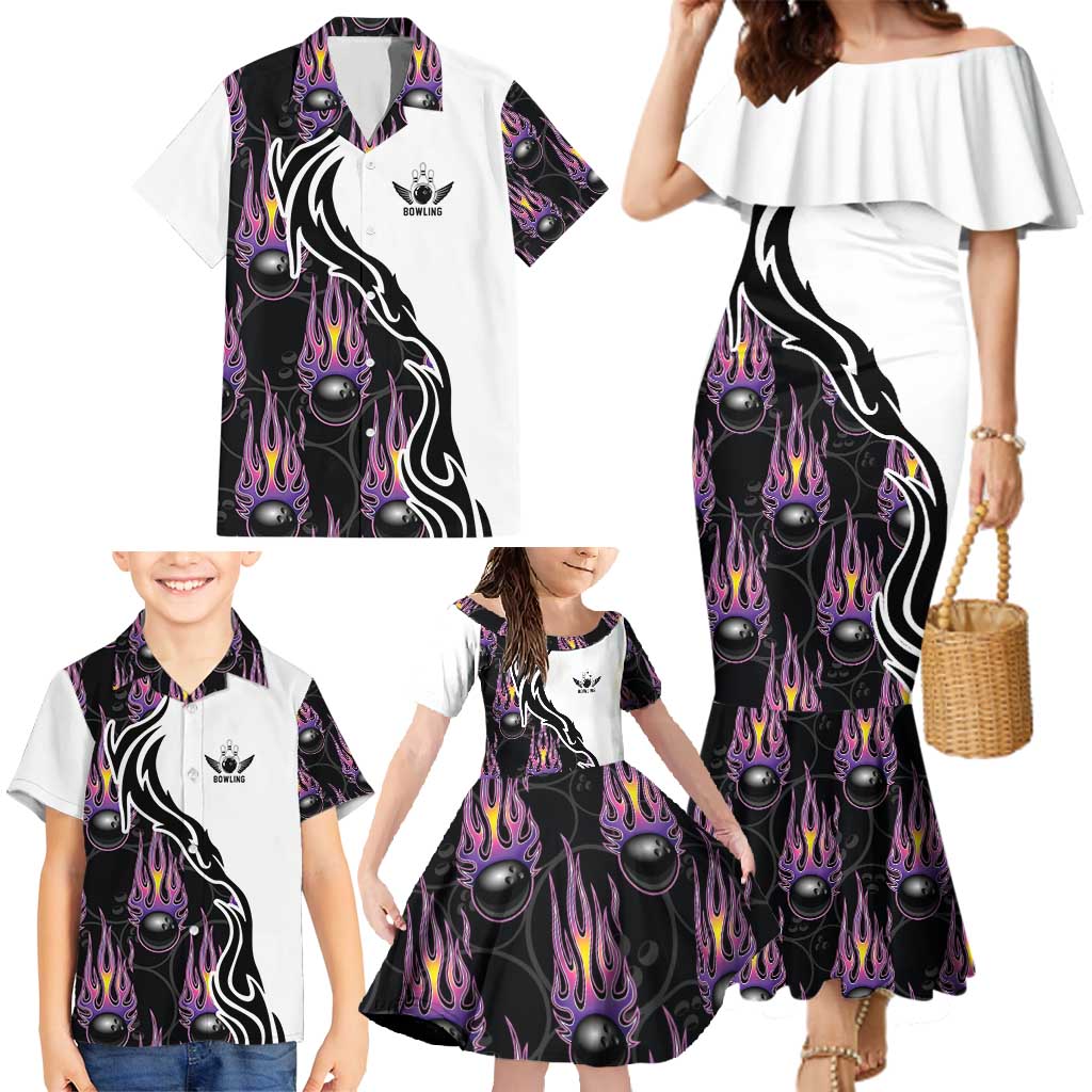 Custom Bowling Team Graphic Family Matching Mermaid Dress and Hawaiian Shirt with Flaming Ball Design in Black White and Purple Flame Pattern - Wonder Print Shop