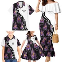 Custom Bowling Team Graphic Family Matching Mermaid Dress and Hawaiian Shirt with Flaming Ball Design in Black White and Purple Flame Pattern - Wonder Print Shop
