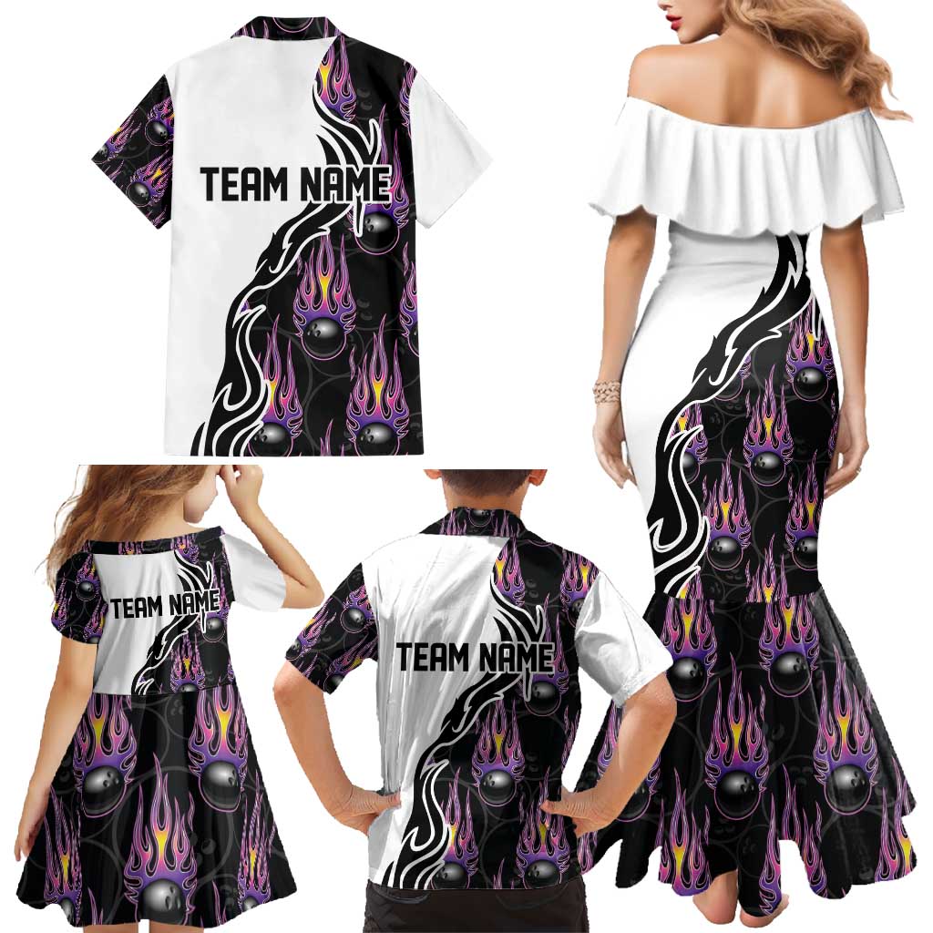 Custom Bowling Team Graphic Family Matching Mermaid Dress and Hawaiian Shirt with Flaming Ball Design in Black White and Purple Flame Pattern - Wonder Print Shop