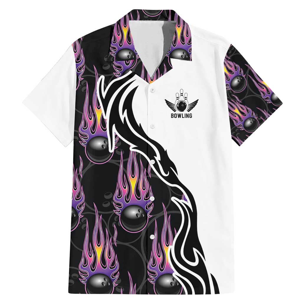 Custom Bowling Team Graphic Family Matching Mermaid Dress and Hawaiian Shirt with Flaming Ball Design in Black White and Purple Flame Pattern - Wonder Print Shop