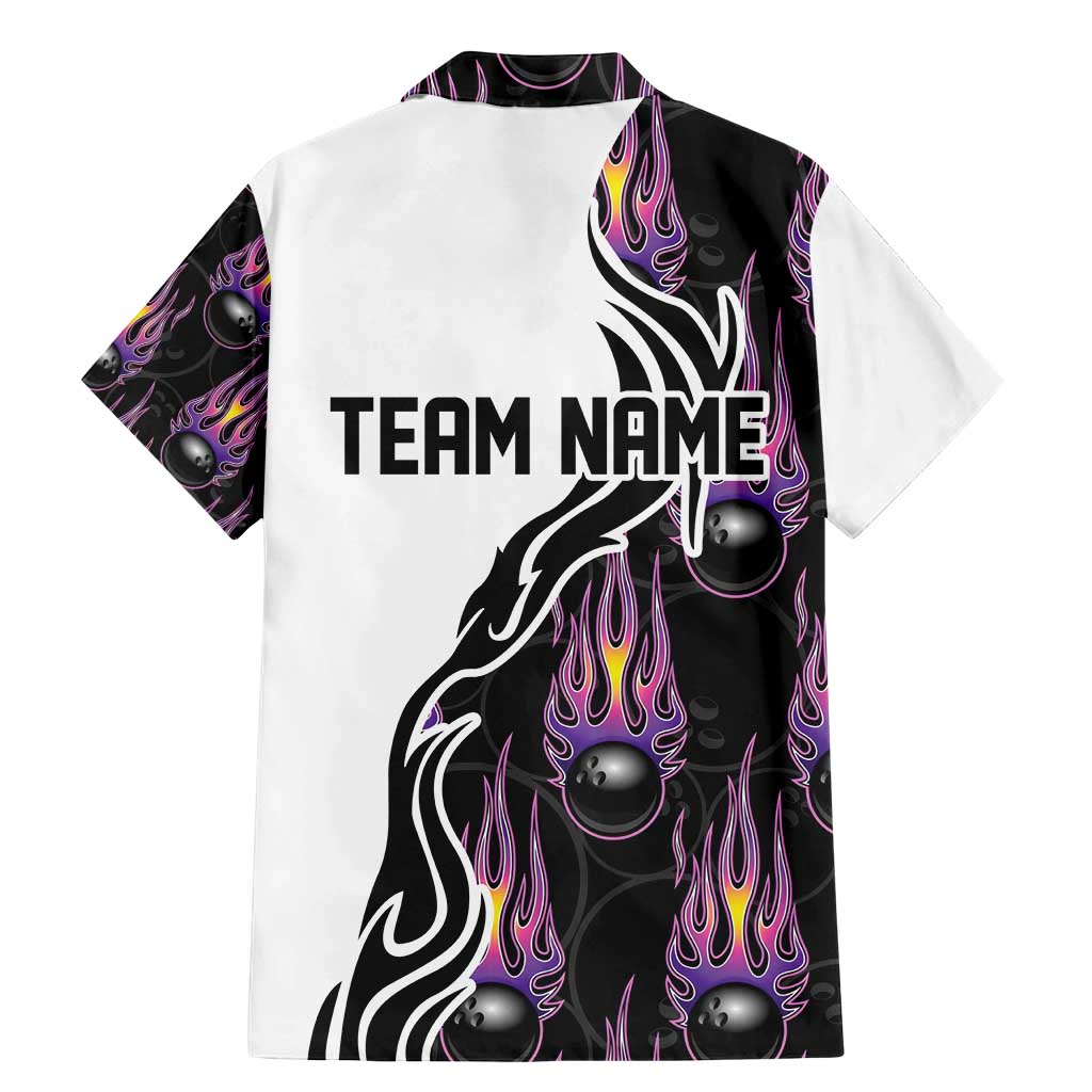 Custom Bowling Team Graphic Family Matching Mermaid Dress and Hawaiian Shirt with Flaming Ball Design in Black White and Purple Flame Pattern - Wonder Print Shop