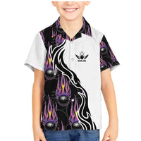 Custom Bowling Team Graphic Family Matching Mermaid Dress and Hawaiian Shirt with Flaming Ball Design in Black White and Purple Flame Pattern - Wonder Print Shop
