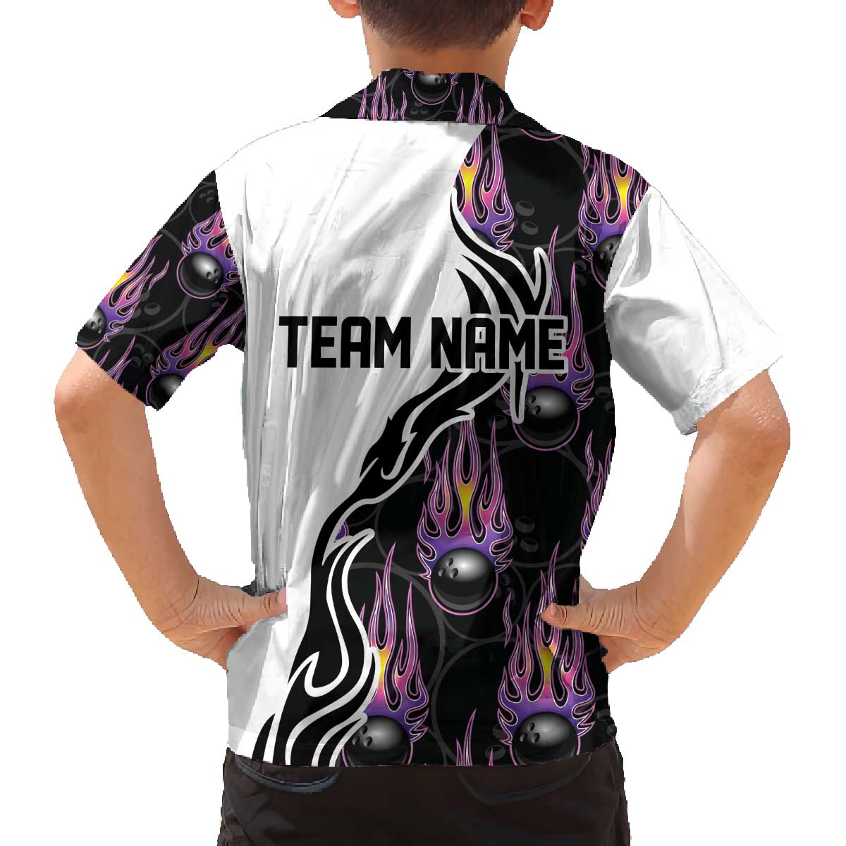 Custom Bowling Team Graphic Family Matching Off The Shoulder Long Sleeve Dress and Hawaiian Shirt with Flaming Ball Design in Black White and Purple Flame Pattern - Wonder Print Shop