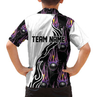 Custom Bowling Team Graphic Family Matching Off The Shoulder Long Sleeve Dress and Hawaiian Shirt with Flaming Ball Design in Black White and Purple Flame Pattern - Wonder Print Shop
