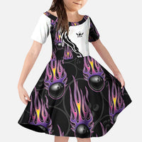 Custom Bowling Team Graphic Family Matching Off The Shoulder Long Sleeve Dress and Hawaiian Shirt with Flaming Ball Design in Black White and Purple Flame Pattern - Wonder Print Shop