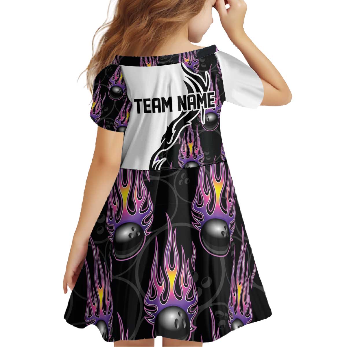 Custom Bowling Team Graphic Family Matching Off The Shoulder Long Sleeve Dress and Hawaiian Shirt with Flaming Ball Design in Black White and Purple Flame Pattern - Wonder Print Shop
