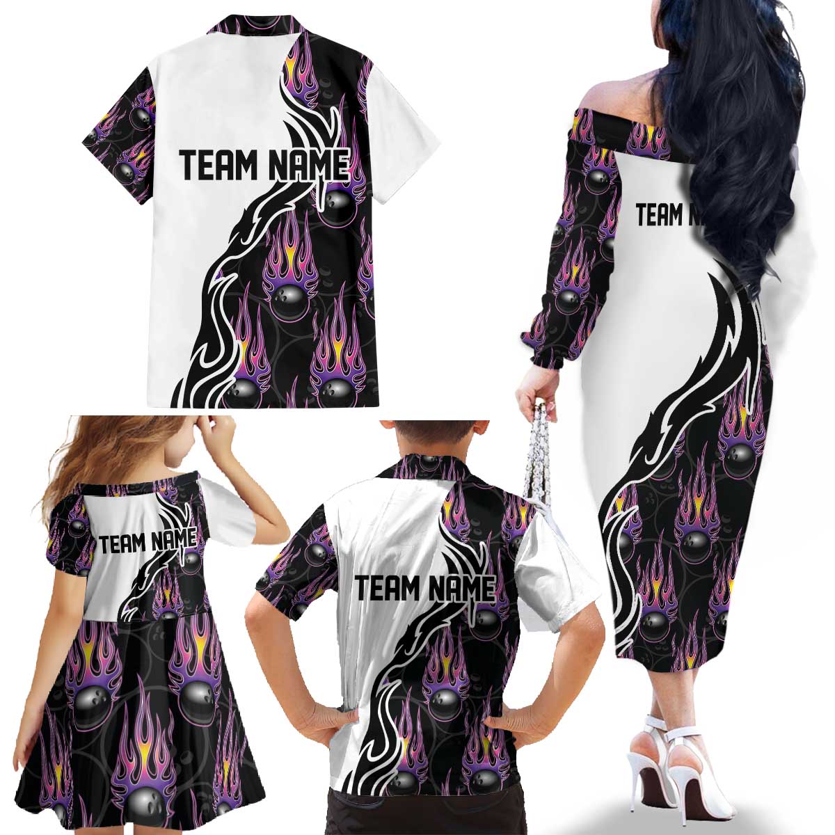 Custom Bowling Team Graphic Family Matching Off The Shoulder Long Sleeve Dress and Hawaiian Shirt with Flaming Ball Design in Black White and Purple Flame Pattern - Wonder Print Shop