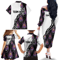 Custom Bowling Team Graphic Family Matching Off The Shoulder Long Sleeve Dress and Hawaiian Shirt with Flaming Ball Design in Black White and Purple Flame Pattern - Wonder Print Shop