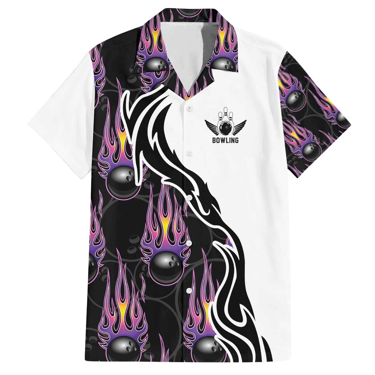 Custom Bowling Team Graphic Family Matching Off The Shoulder Long Sleeve Dress and Hawaiian Shirt with Flaming Ball Design in Black White and Purple Flame Pattern - Wonder Print Shop