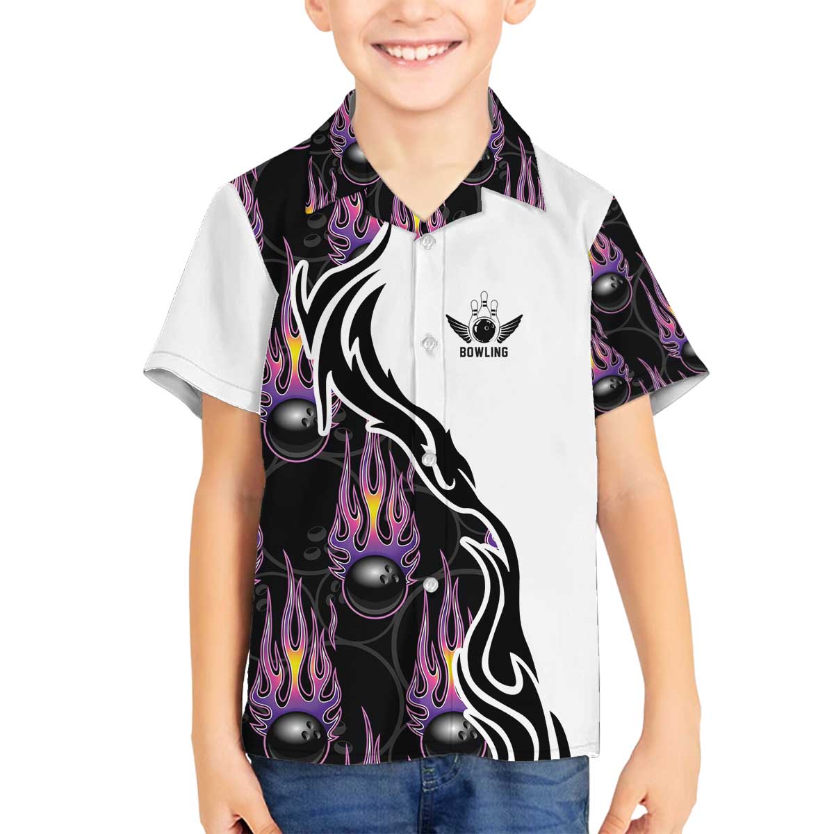 Custom Bowling Team Graphic Family Matching Off The Shoulder Long Sleeve Dress and Hawaiian Shirt with Flaming Ball Design in Black White and Purple Flame Pattern - Wonder Print Shop