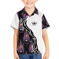 Custom Bowling Team Graphic Family Matching Off The Shoulder Long Sleeve Dress and Hawaiian Shirt with Flaming Ball Design in Black White and Purple Flame Pattern - Wonder Print Shop