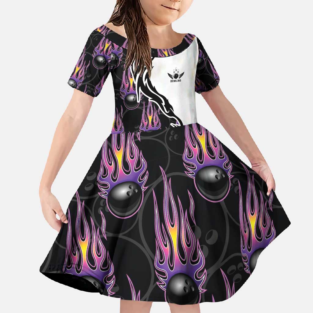Custom Bowling Team Graphic Family Matching Off Shoulder Maxi Dress and Hawaiian Shirt with Flaming Ball Design in Black White and Purple Flame Pattern - Wonder Print Shop